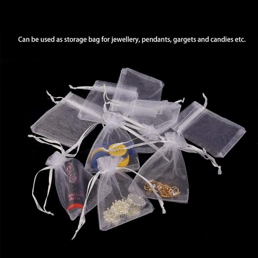 100 шт. белые подарочные мешочки из органзы 10x15 см, мешочки-саше, мешочки на шнурке, свадебный мешочек из органзы для