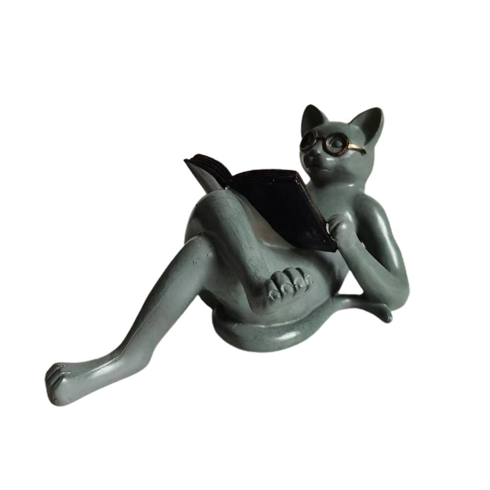 Literary Cat Resin Ornaments Garden Statue Decoration Reading Glasses Cat Crafts for Study and