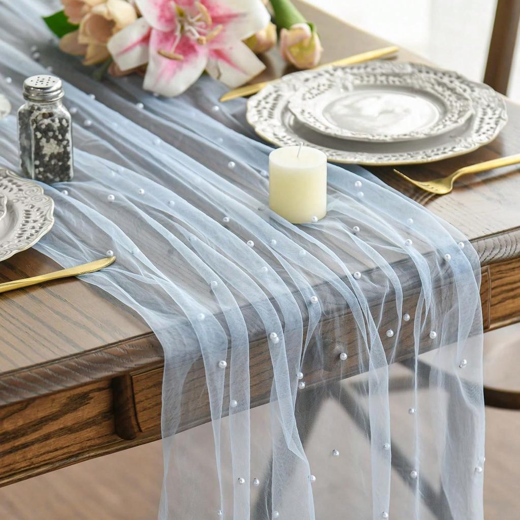 Luxurious Pearl Tulle Table Runner, 120 Inches Seasonal Tulle Table Decoration Suitable For Holidays Weddings Birthdays Family Gatherings.