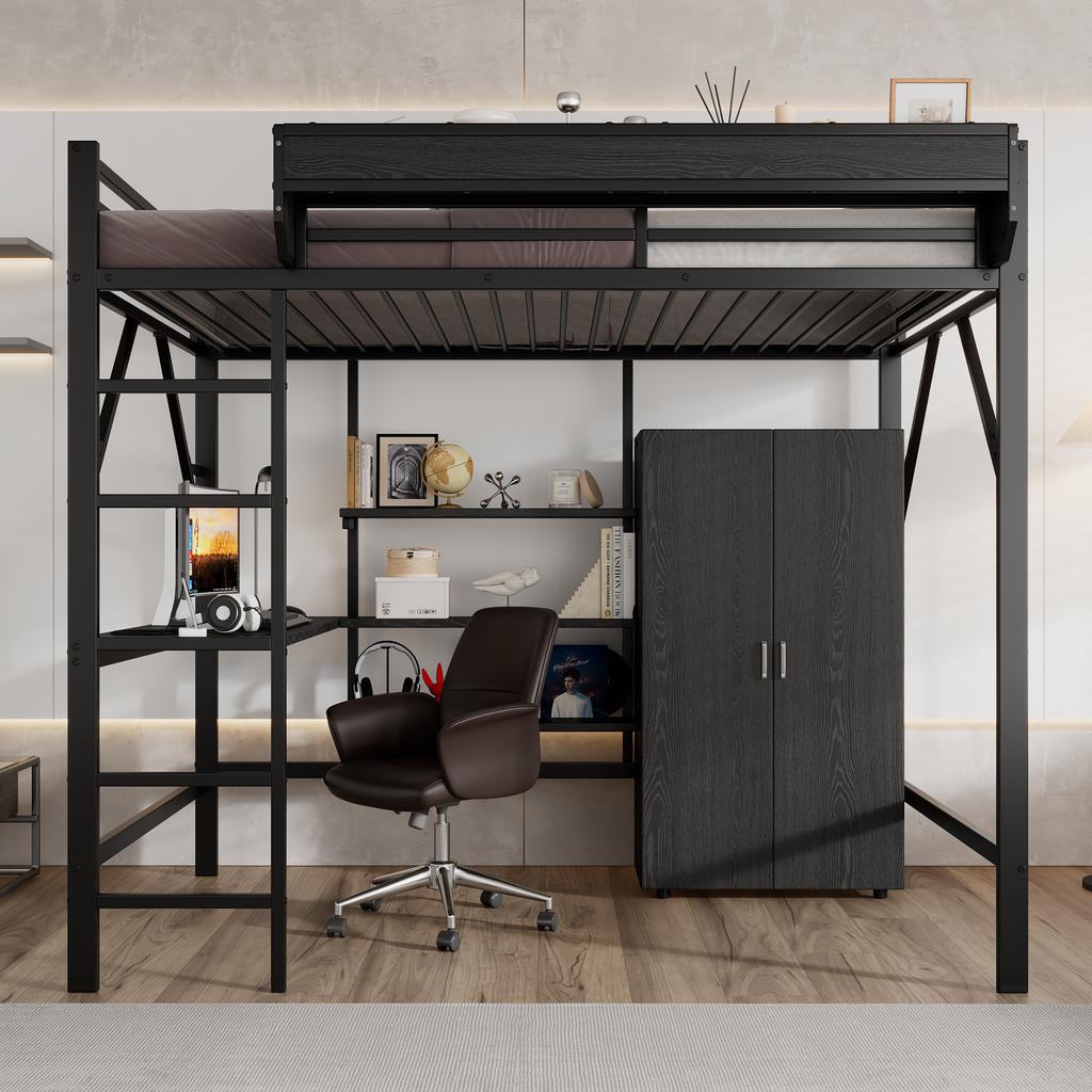 Iron Bed, Loft Bed, Double-Layer Storage Under the Desk, Upper Bed with Storage, With Wardrobe, Iron + MDF, Black, 140x200cm