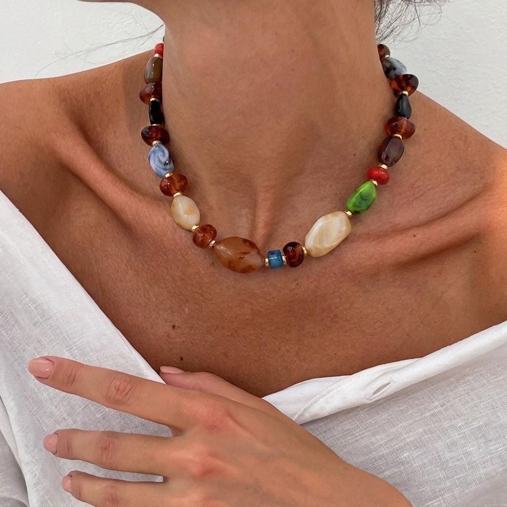 Boho Colorful Love Heart Necklace Irregular Stone Pendant Necklace Beaded Choker Party Occasion