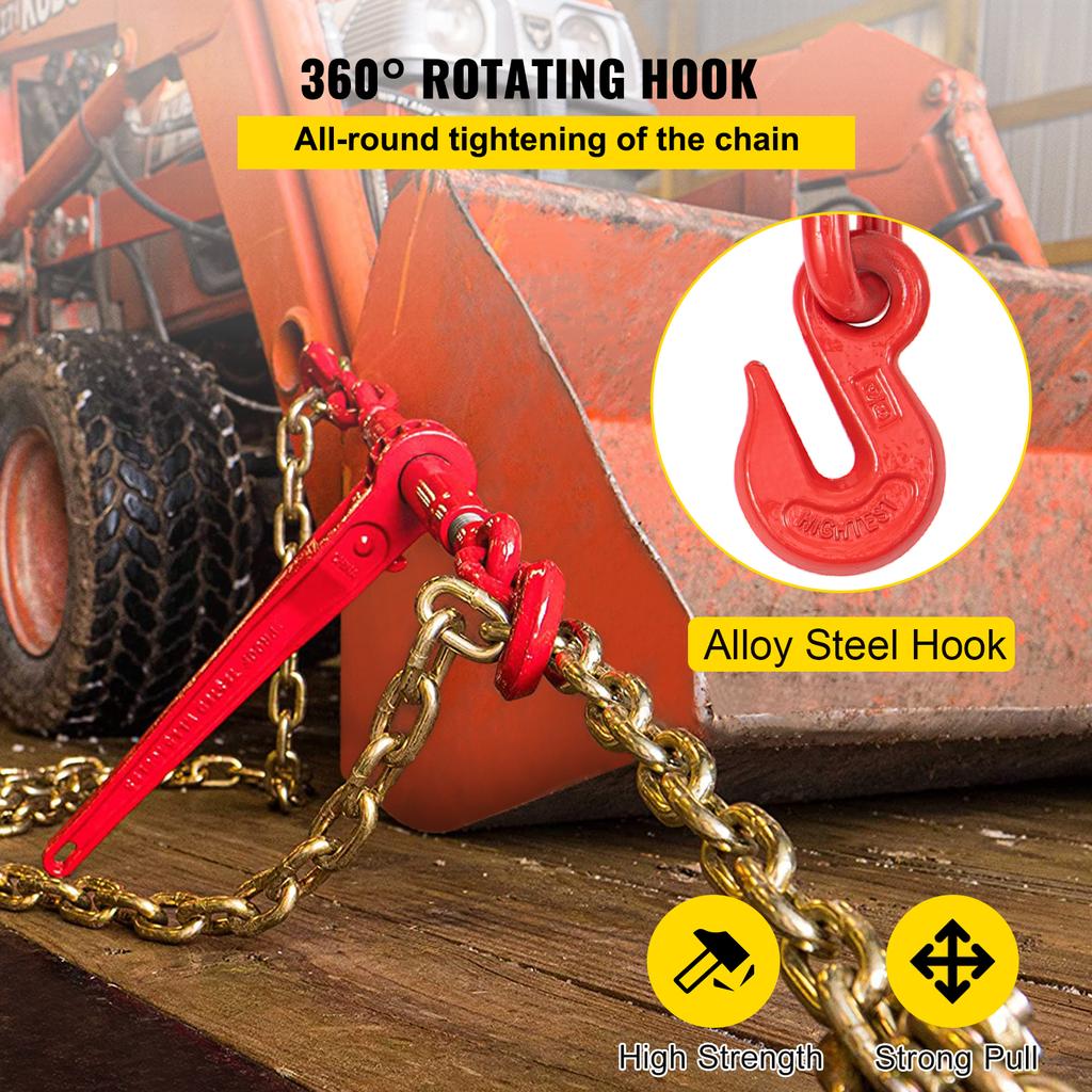 SucceBuy 4Pcs Chain Load Binder 5/16" Tie Down Kit with 5400LBS Working Capacity & 2 Grab Hooks Transport  for Package Towing