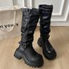 [Fanfna] Pleated Pile Boots Women's Belt Buckle Thick Bottom But Knee Knight Boots Skinny and Height Boots