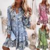 Women's Dress Bohemian Floral Printed V Neck Mini Dresses Casual Loose Elegant Flare Sleeve Lady Beach Holiday Dress