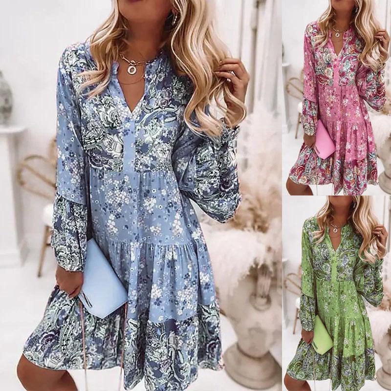 Women's Dress Bohemian Floral Printed V Neck Mini Dresses Casual Loose Elegant Flare Sleeve Lady Beach Holiday Dress