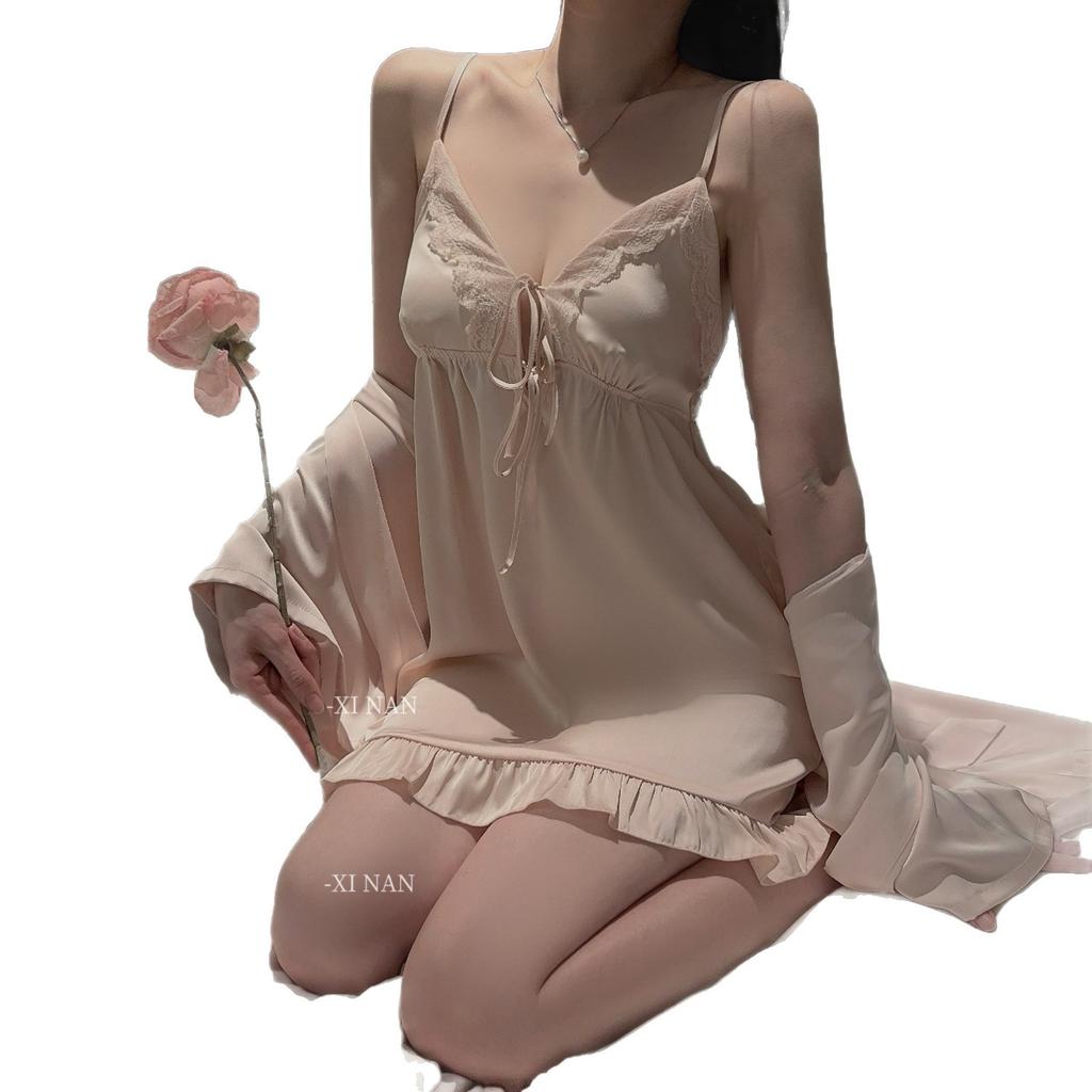 Niche design nightgown women's summer thin ice silk sexy new large size pure desire Korean suspender chest pad pajamas