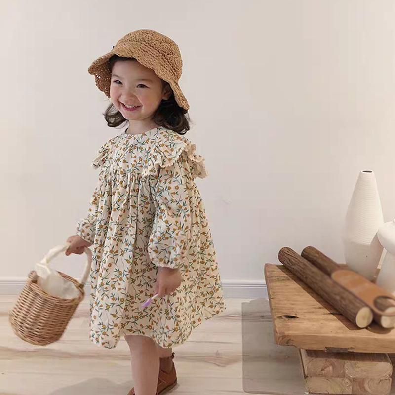 Детское платье с цветочным принтом для девочек, хлопковое платье с длинными рукавами и оборками, детское платье