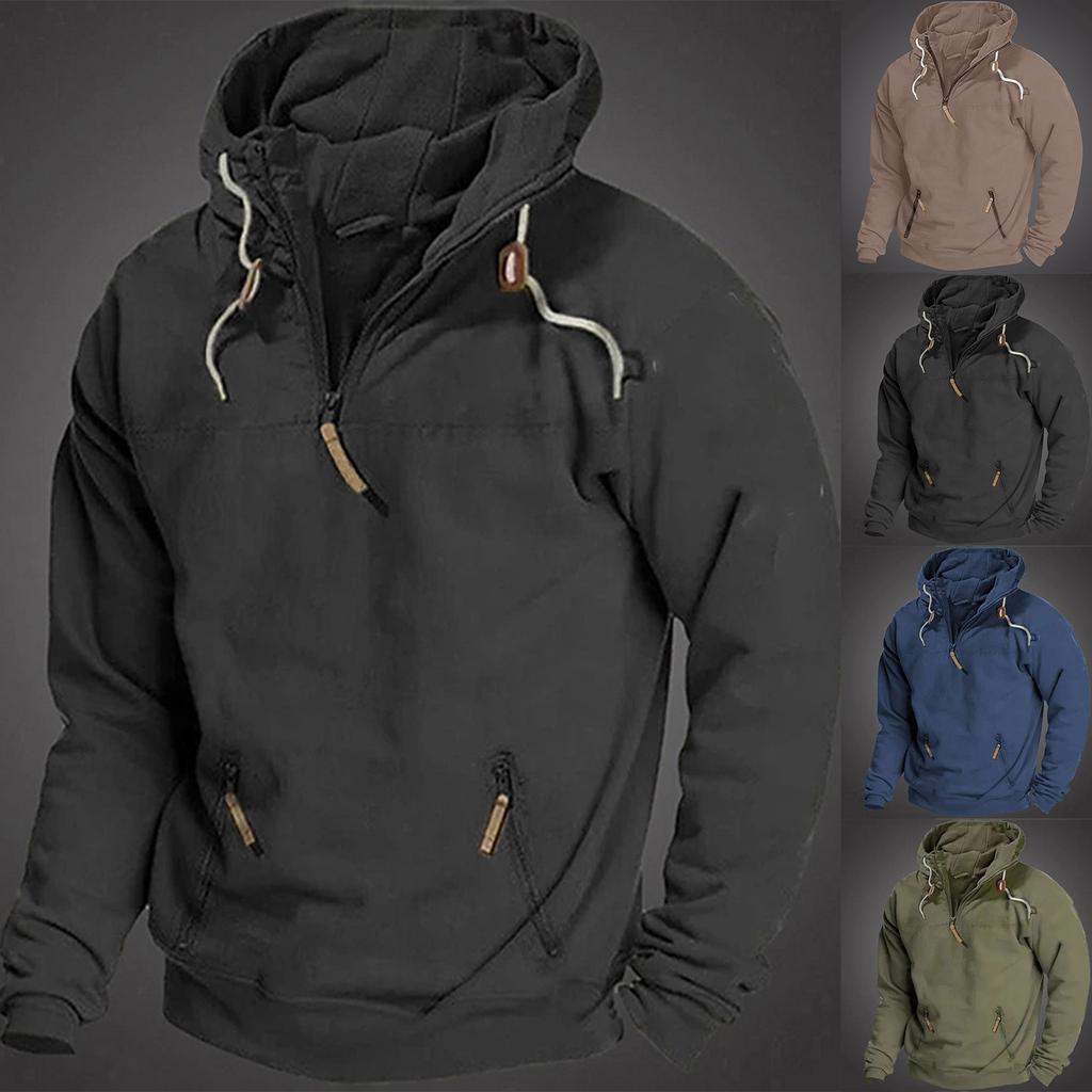 Men's Hooded Solid Color Sweater, European And American Youth Sports Multi Pocket Patch Leather Sweater Jacket