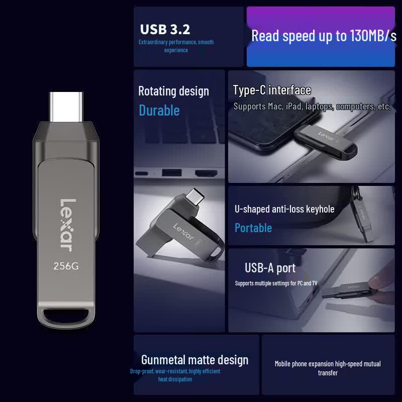 Lexar Мобильный флэш-накопитель D400 с двойным интерфейсом USB 3.2 Type-C