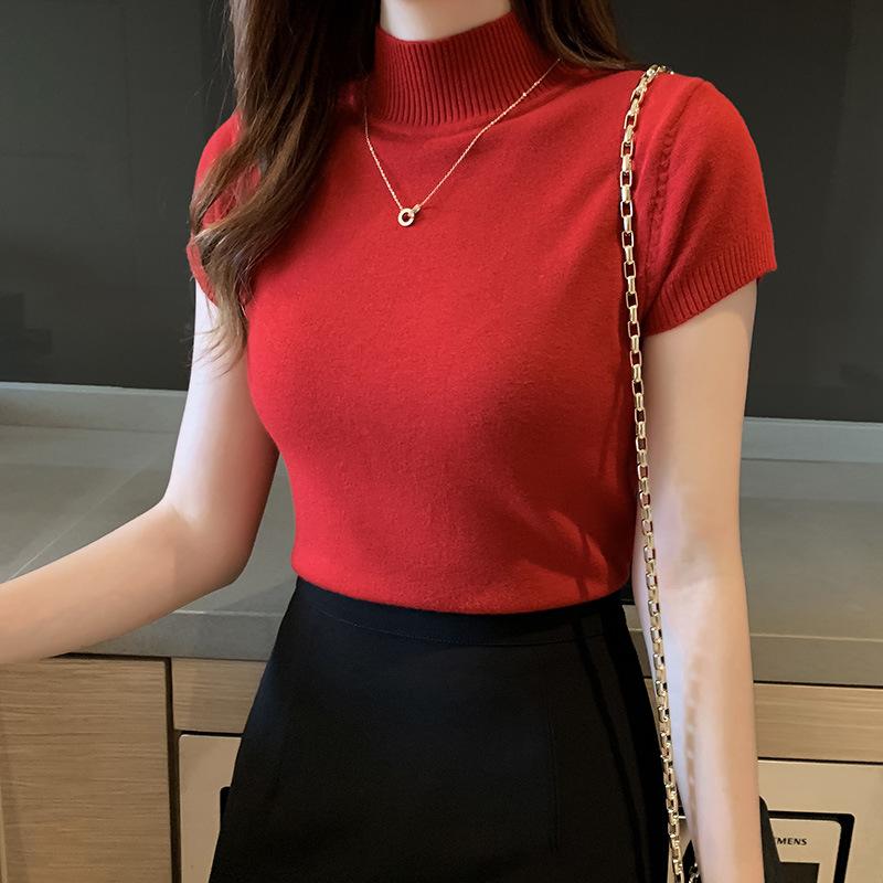 Half High Neck Bottoming Shirt Women Short Sleeve Knitwear Inside Tight Jumper Vest Short Tops