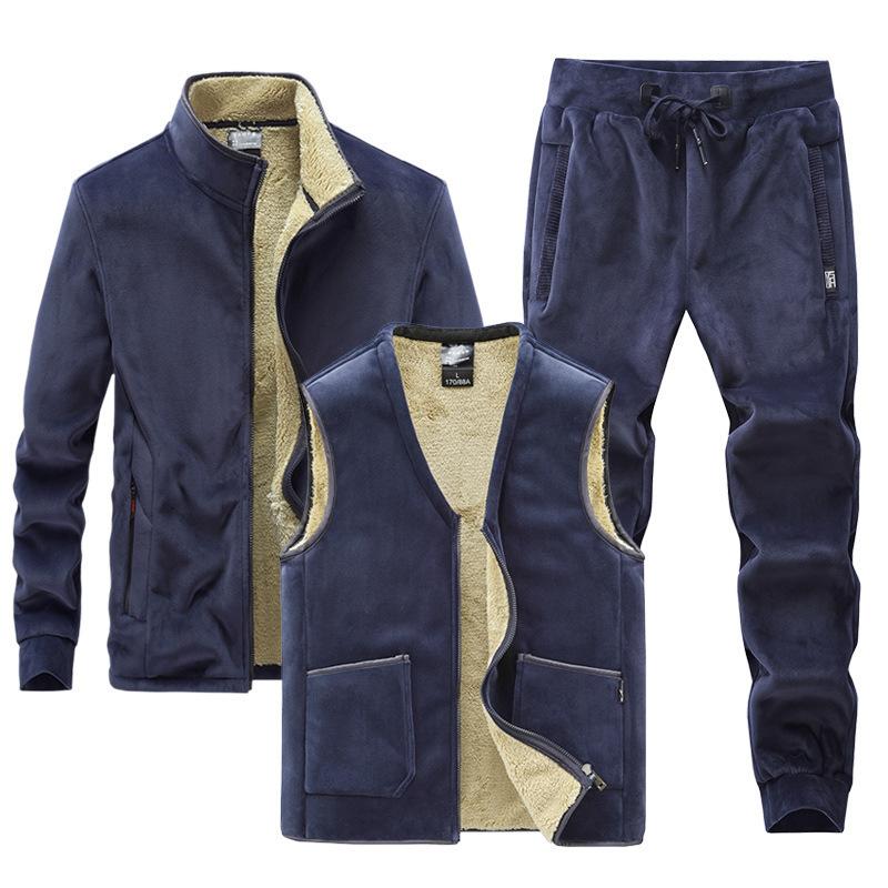 Флисовый свитер, мужской костюм ягненка, осенне-зимний комплект с капюшоном для отдыха среднего возраста, комплект из трех предметов