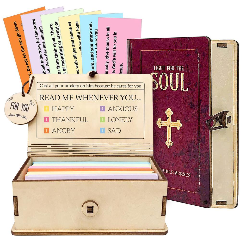 Wooden Bible Verses Box with 96 Prayer Cards Inspirational Scriptures Box Portable Bible Verse Cards Box for Home Gathering Gift