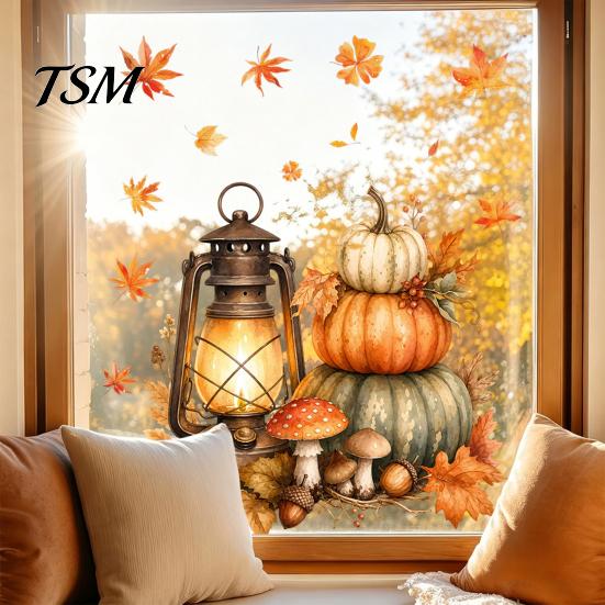 Indoor Outdoor Glass Decor Autumn Maple Leaf Pinecone Scarecrow Pumpkin Static Window Clings, Waterproof PVC Versatile Fall Decorations Stickers,