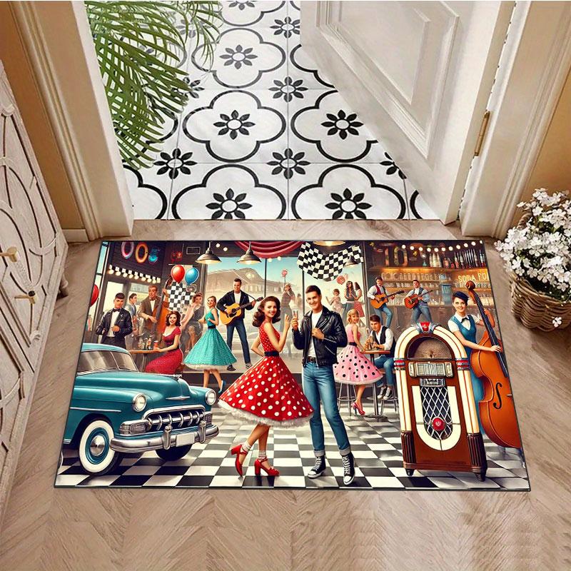 Retro Car & Rock Bar Themed Rug, non-slip rug, suitable for living room, bedroom, game room, computer room and home décor.