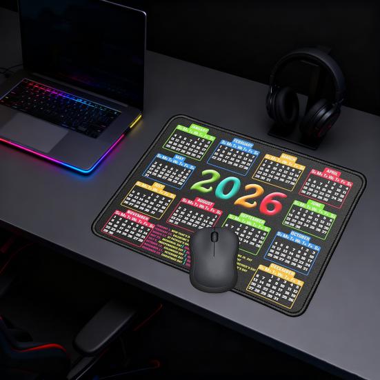 Календарь 2026 года Коврик для мыши с нескользящей резиновой основой Прошитый край Прямоугольный Водонепроницаемый Домашний Офисный Игровой Компьютер Ноутбук Коврик для мыши Настольный коврик