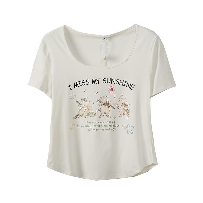 Curved hem printed short-sleeved fit T-shirt women's summer new fat mm pure desire front shoulder top 232220