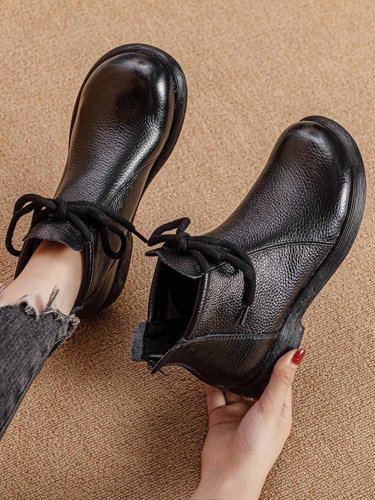 New First-layer Cowhide Martin Boots Women's Shoes Short Boots Warm Soft-soled Mother Shoes Velvet Lace-up Deep Mouth Fashion Casual