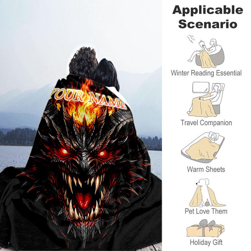 1PC Custom Name Fiery Demon Artwork flannel blanket versatile,all-season throw suitable for the living room,bedroom,camping,travel,and gift
