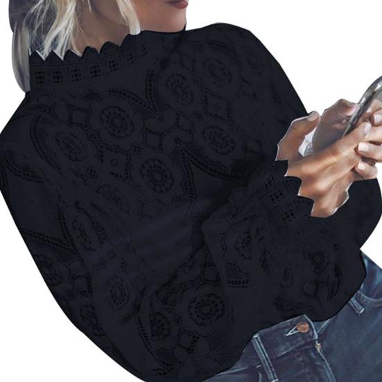 Воротник-стойка с длинными рукавами. Перспективная сексуальная рубашка. Вышивка. Цветочная вязаная крючком кружевная полая футболка. Топ. Уличная одежда.