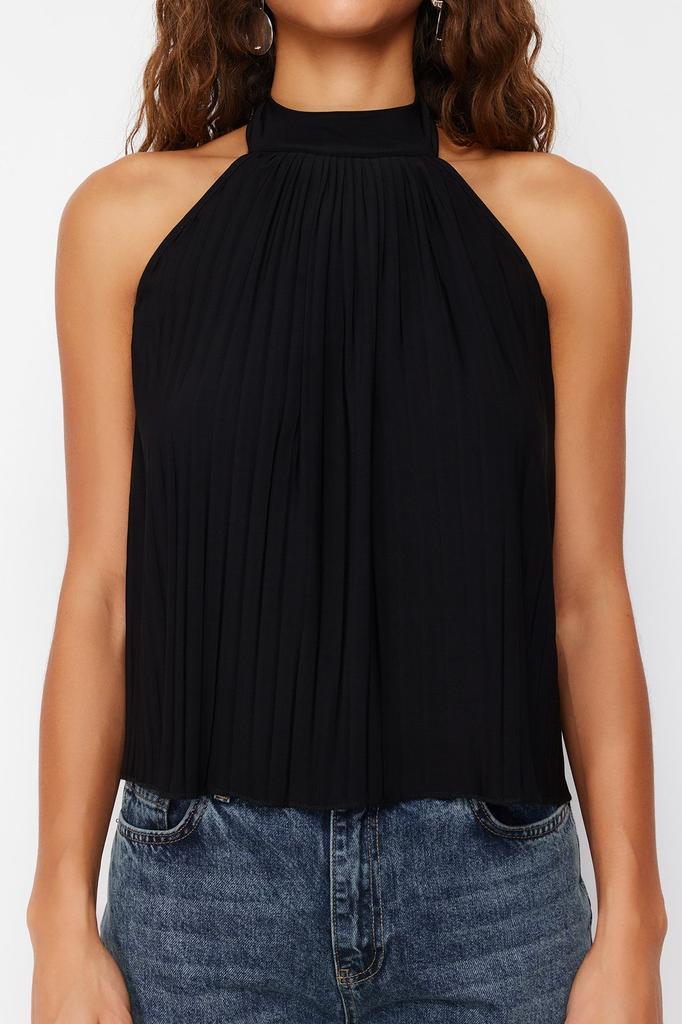 Women's Fashion New Blouse Black Pleated Halter Collar Regular Normal Fit Flexible Knitted Blouse