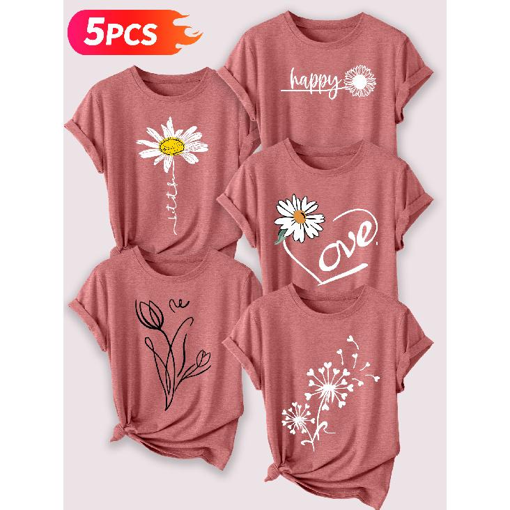 Minimalist hand-drawn small daisy fresh floral print Five-piece set of women's short-sleeve tops Elegant Summer Party Outfits Essential fashion items