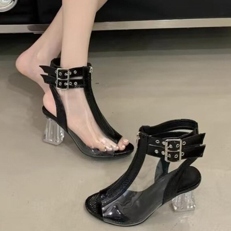 Fashion High Heels Women Sandals Fashion Elegant Buckle Shoes Lady 2025 New Chunky Slippers Summer Cool Pumps Leather Sandalias De Mujer