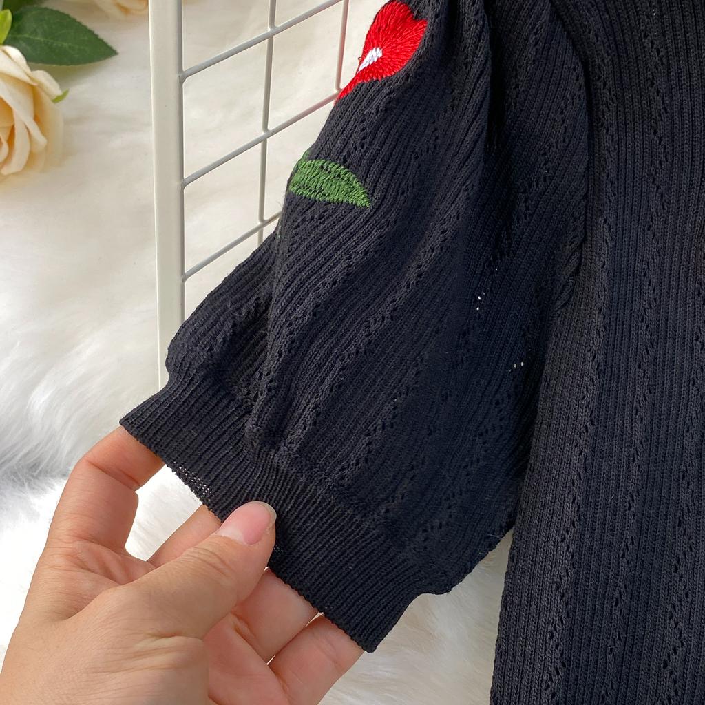 Летние женские винтажные пышные рукава с вышитыми розами для офиса, вязаные свитера, облегающие платья-футляры