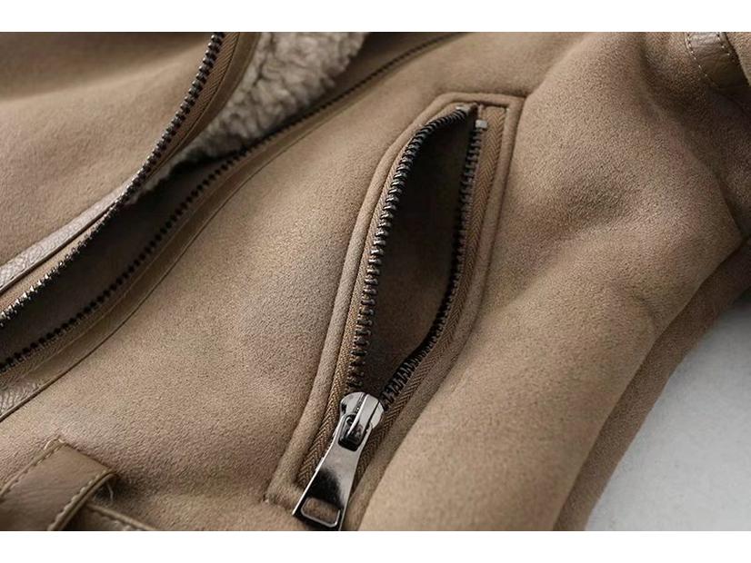 Women's Suede and Lambswool Motorcycle Jacket - Warm Fleece Coat for Autumn and Winter