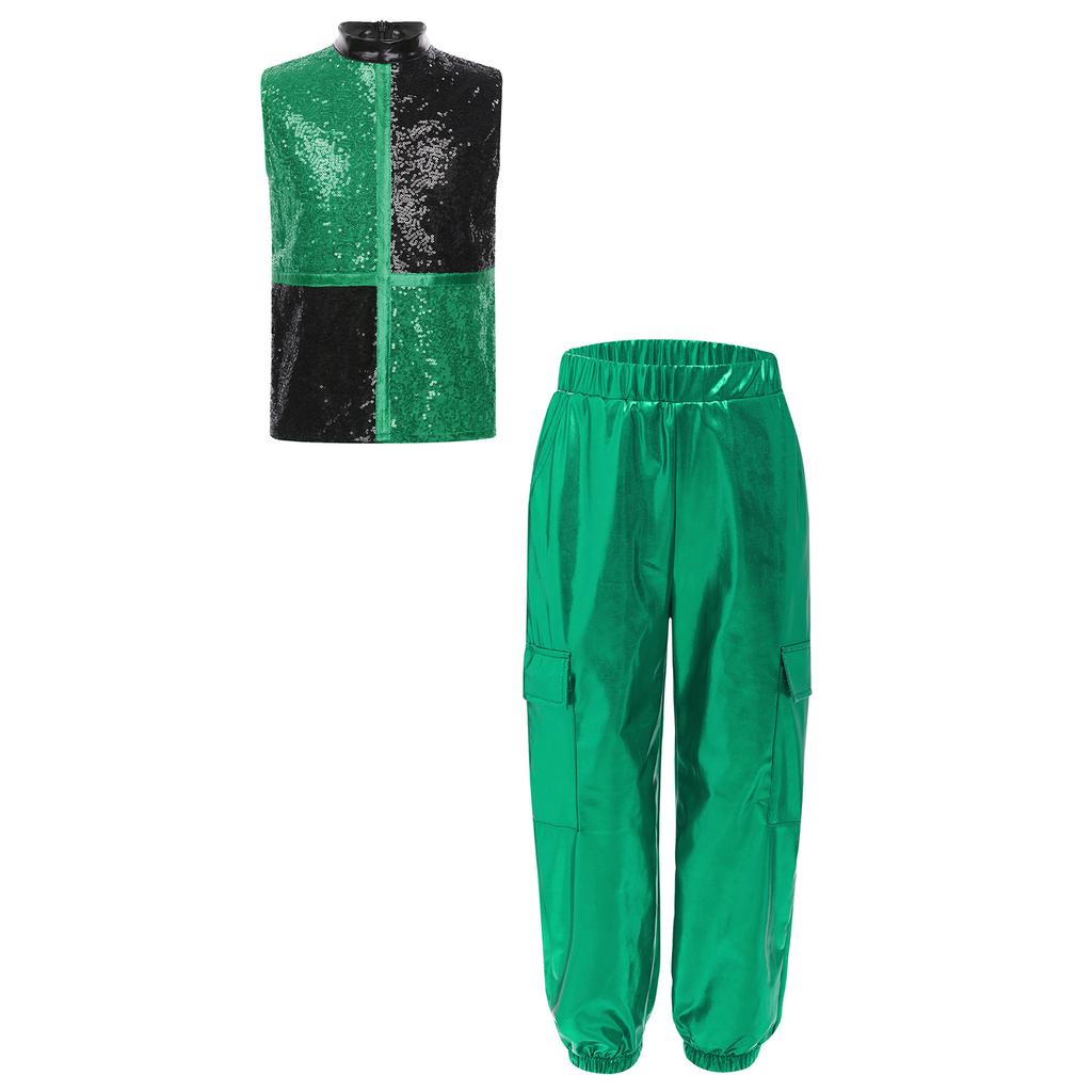 Boys Metallic Jazz Dance Costume Mock Neck Sleeveless Back Zipper Shiny Sequins Color Block Top Cargo Pants