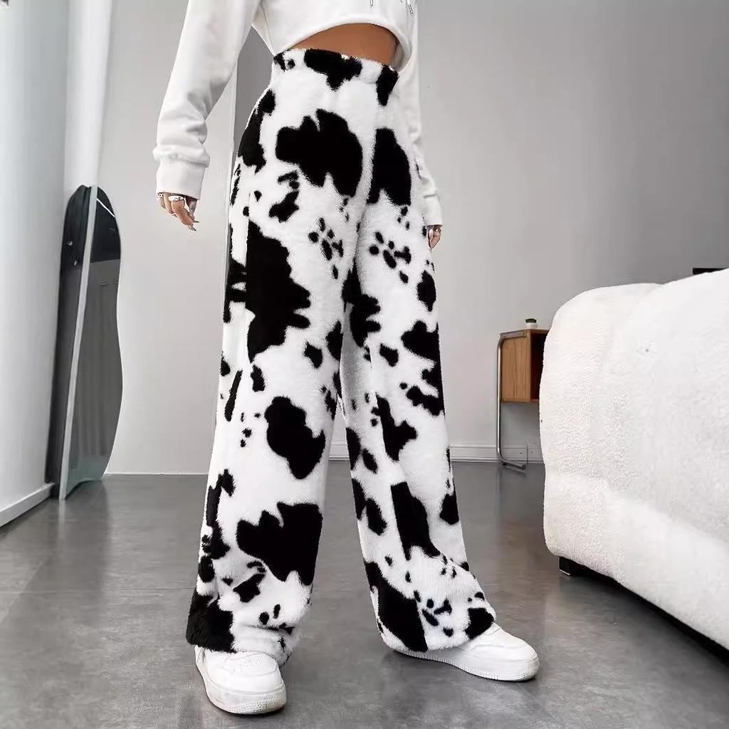 2025 Shien High-Waist Cow Pattern Casual Fur Trousers - Comfortable Autumn/Winter Pants