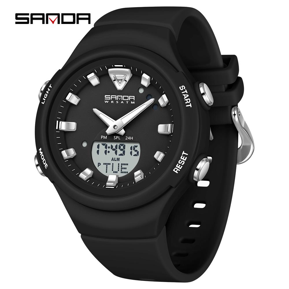 SANDA 6371 Светодиодные двойные дисплеи Цифровые мужские наручные часы Водонепроницаемые Военные Люксовые Спортивные Кварцевые часы для мужчин Ударопрочные Обратный отсчет