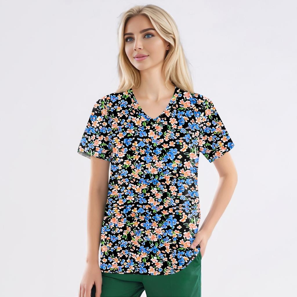 Рабочая форма больших размеров с принтом, топы для женщин, забавные футболки с v-образным вырезом и короткими рукавами, рабочая одежда, футболка с карманами