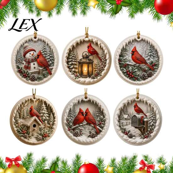 Nature Inspired Seasonal Decorations Acrylic Christmas Red Bird Ornament, Snow Scene Pattern Xmas Tree Pendant Hanging Decor, Retro Round for