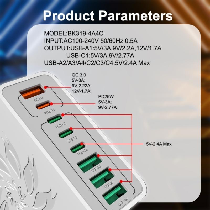 High Speeded USB Charger Adapter 8 Port Intelligent Power Delivery For Simultaneous Smartphones Tablets Multiple Devices