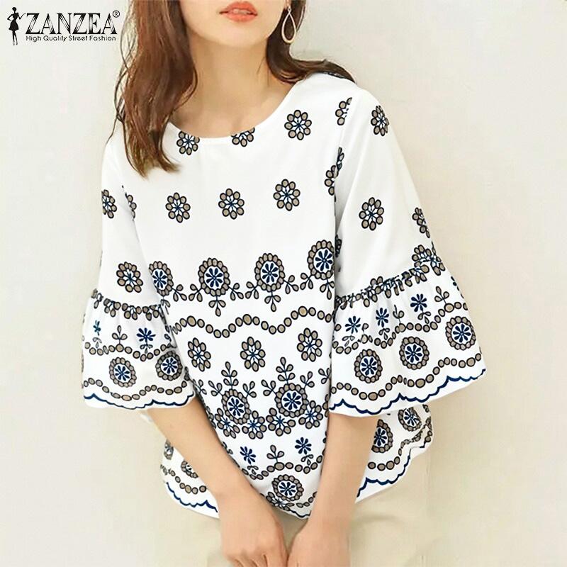 ZANZEA Women Casual Round Neck 3/4 Sleeve Floral Loose Blouse