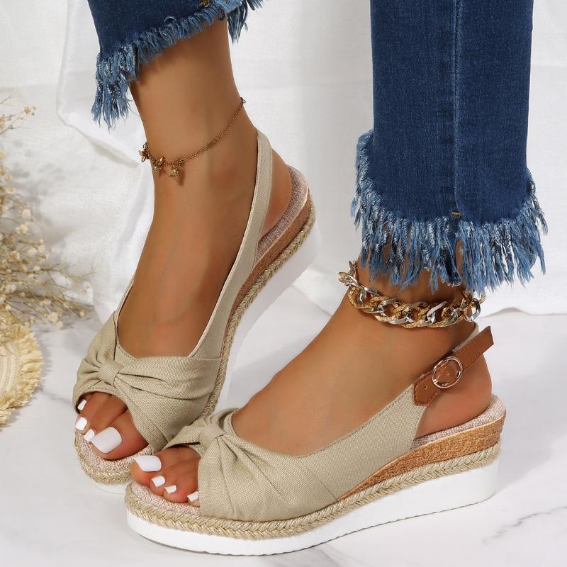 Wish Large Size Women's Wedge Heel Sandals Women's Summer New Casual Muffin Wear Bow Fish Mouth Sandals