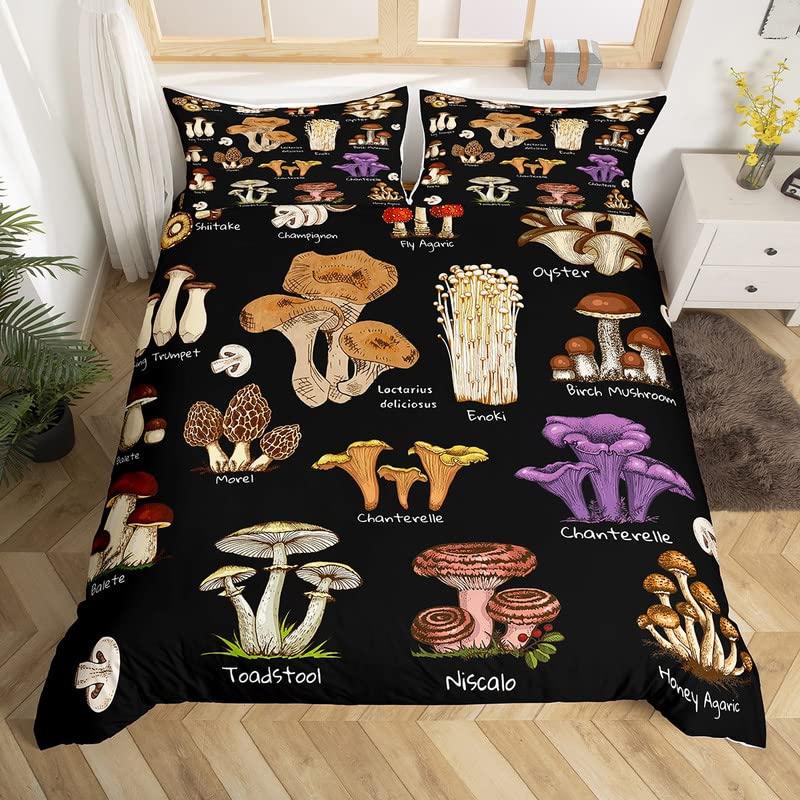 Mushroom Duvet Cover Watercolor Fungus Bedding Set Wild Botanical Comforter Cover Set Retro Leaf Pattern Polyester Quilt Cover