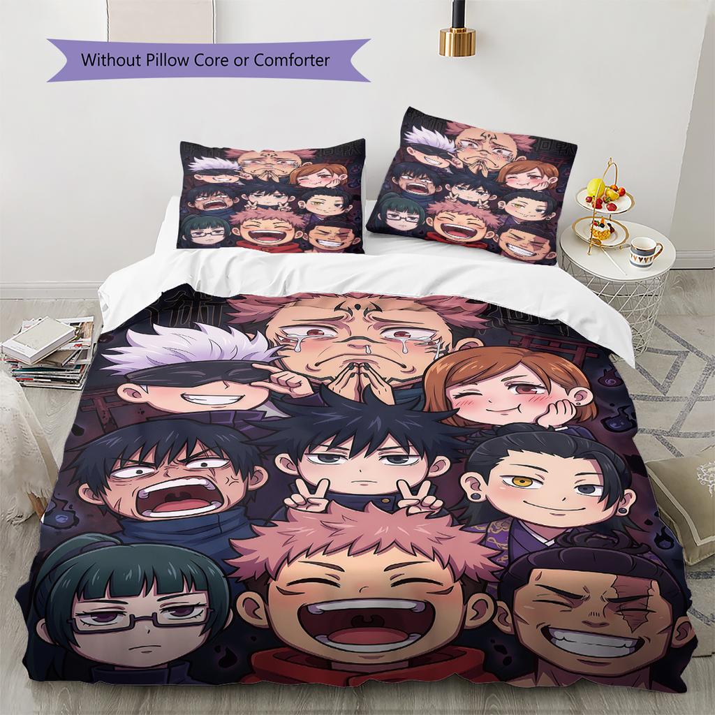 Jujutsu Kaisen Chibi Character Pattern Bedding Home Decoration Festival Gift (1 * duvet cover + 2 * pillowcase, without core)