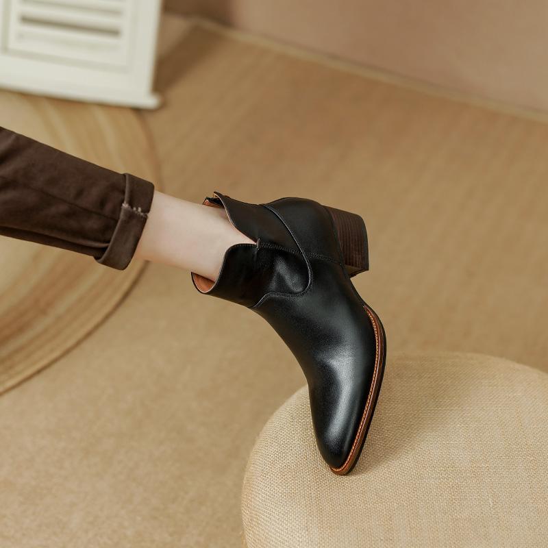 Женские ботильоны с круглым носком, застежкой-молнией, на толстом каблуке, из натуральной кожи, женские офисные туфли для женщин 2024 года, осень-зима, винтаж, для зрелых людей