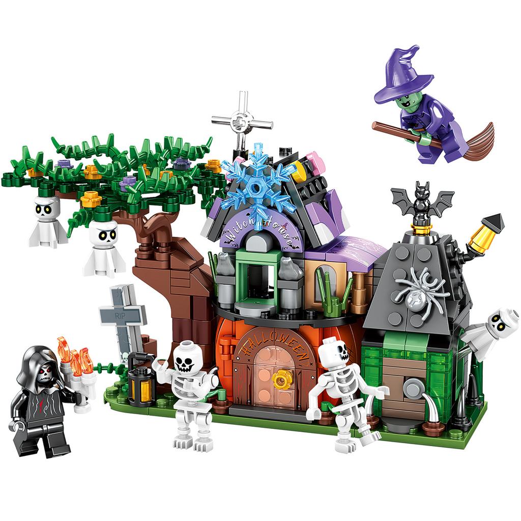 Kids Halloween MOC Building Blocks Set Pumpkin House Witch Ghost Tree Skull Minifigure Boy Educational Toy Model
