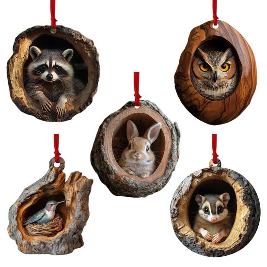5Pcs Christmas Animal Ornaments 2D Acrylic Cute Wildlife Pendant Raccoon Owl Squirrel Hedgehog Bird Tree Hole Wood Texture Hanging Decorations