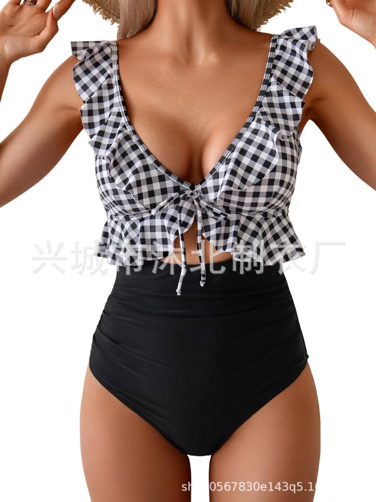 Новый слитный купальник женский с V-образным вырезом, плиссированный купальник на живот, тонкий полый купальник с оборками