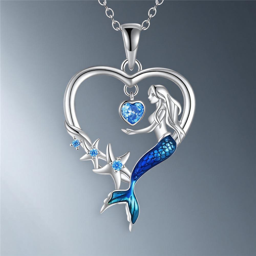 Luxury Female Crystal Blue Zircon Stone Heart Mermaid Pendant Necklace Vintage Silver Wedding Jewelry For Women