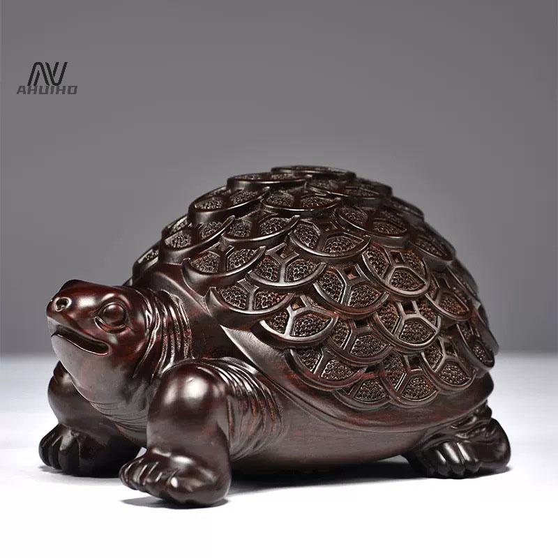 1PC Money Tortoise Solid Wood Carving Office Decoration Decor Home Wooden Animal Figurine Mini Crafts Propitious Gift