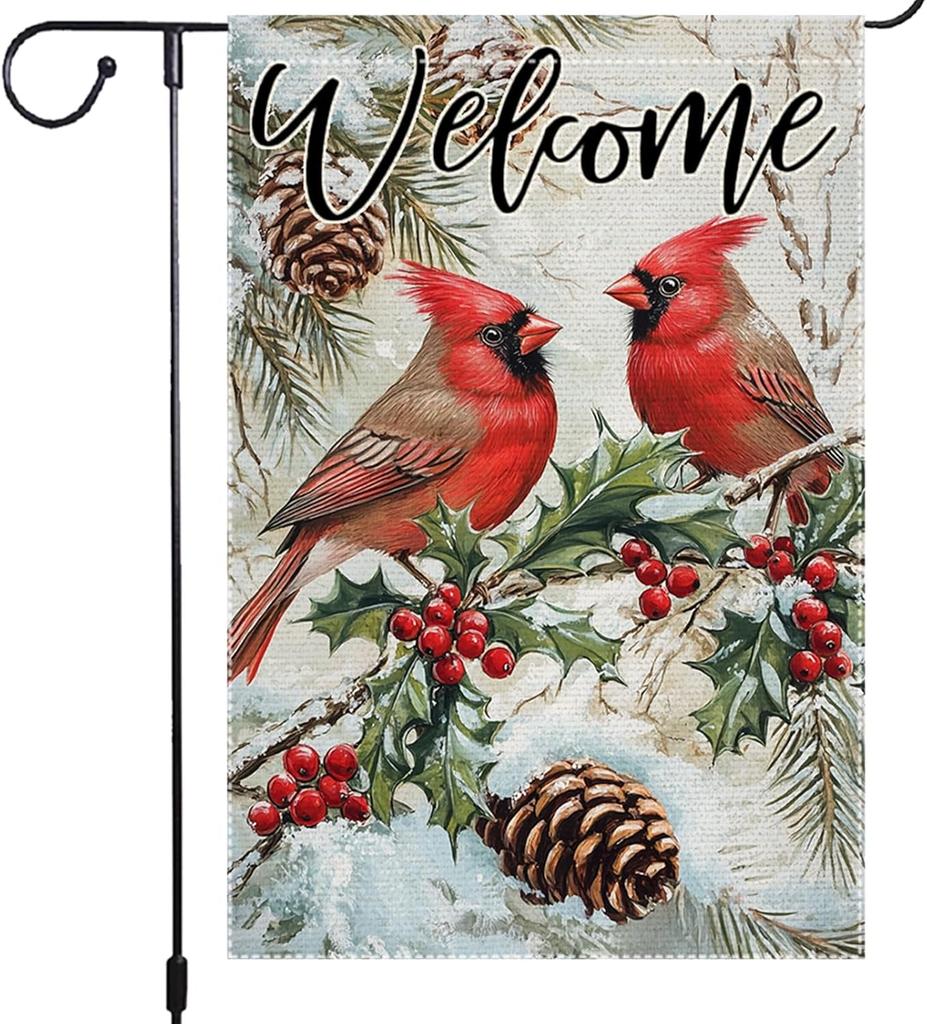 Winter Cardinals Pine Cones Garden ag 12x18 Inch Double Sided Burlap Snow Holly Berries Holiday Outdoor Decor Welcome Yard SSL