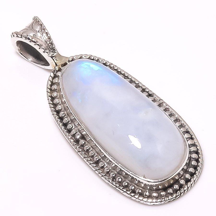 Natural Rainbow Moonstone Gemstone 925 Solid Sterling Silver Pendant 1.46" I5E22