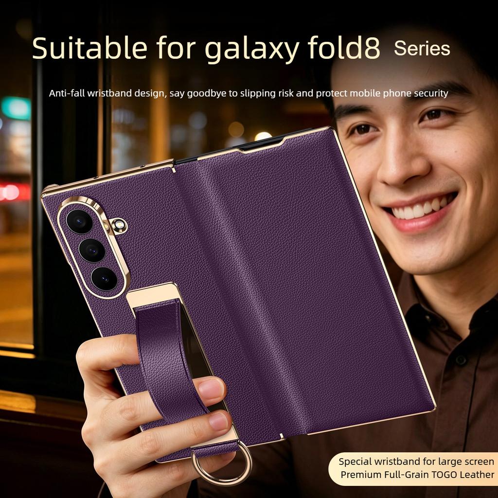 Luxury Genuine Leather Magnetic Flip Case for Samsung Z Fold 8 & Fold8 Ultra Fold7 Dual Hinge,Wrist Strap Ring Holder Stand Case