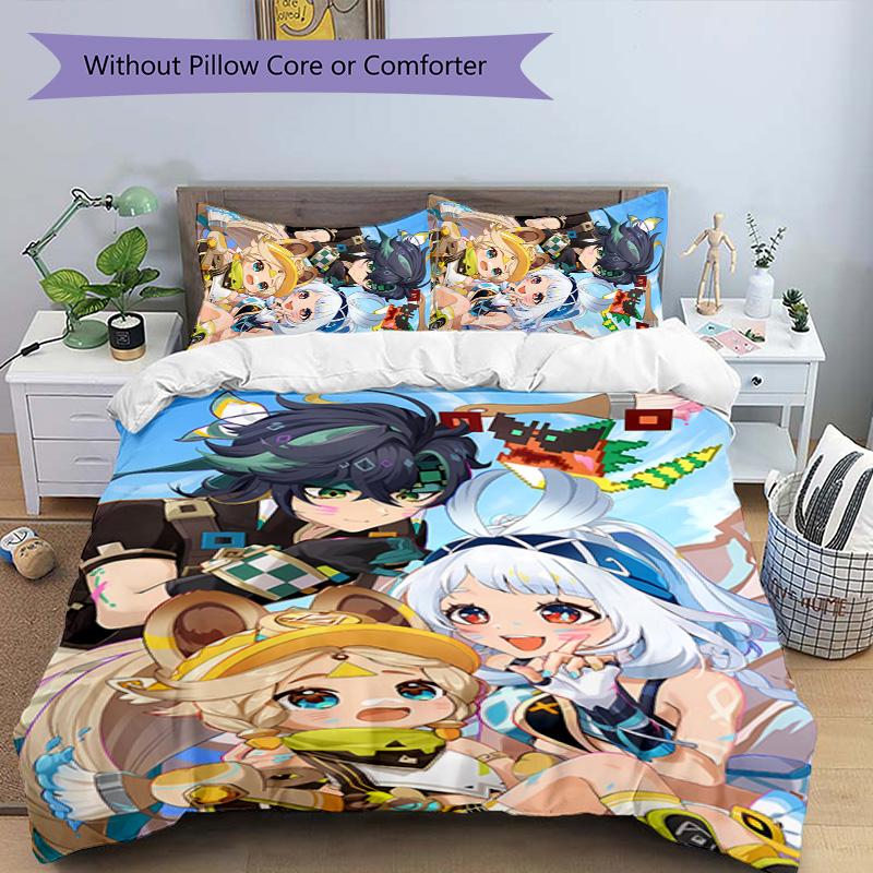 3pcs Genshin Impact characters pattern bedding set duvet cover set includes duvet cover &pillowcases, perfect all season bedroom decoration & gift