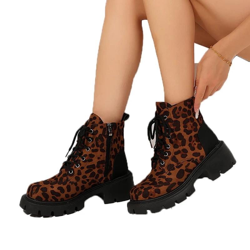 Леопардовые женские ботильоны на платформе с каблуками Брендовые осенне-зимние модные мотоциклетные ботинки Трендовые готические туфли-лодочки Botas Mujer