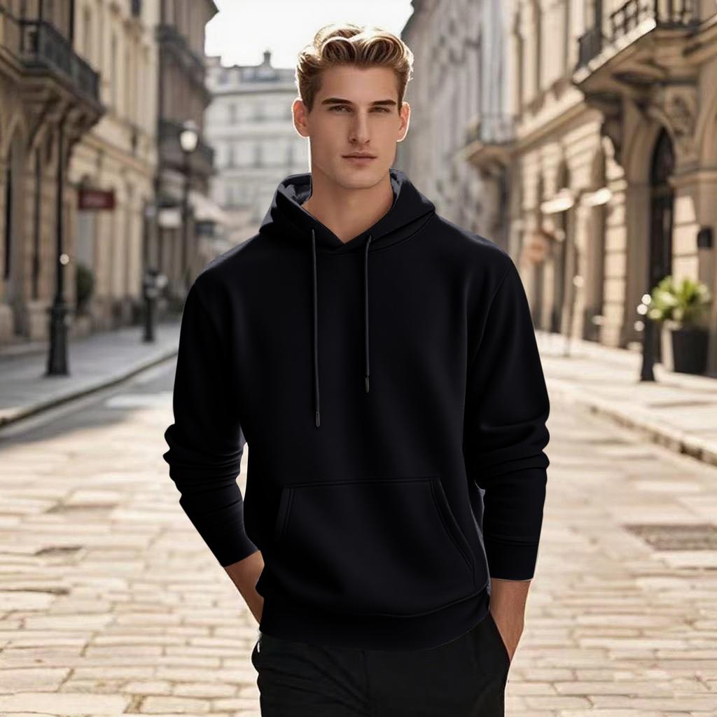 Men's Pullover Hooded Sweatshirt Solid Color Round Neck Loose Hoodie Long Sleeve Top